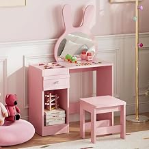 Kids Dressing Table with Stool, Girls Vanity Table, Bunny Ear Mirror, 1 Drawer, 6 Storage Cubbies & 1 Open Shelf, Wooden Makeup Desk for Ages 3-12 Years, Pink