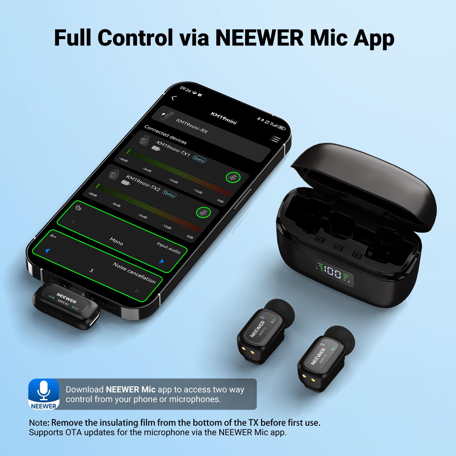 NEEWER KM19 Mini Drahtloses Mikrofon kompatibel mit iPhone 17 16 15,Schwarz | Rauschunterdrückendes Wireless Ansteckmikrofon mit App Steuerung 30Std. Akku 100m Reichweite kompatibel mit iPhone Android PC