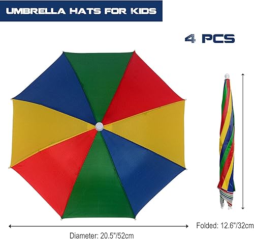 Miniatura 2 de Paquete de 4 sombreros de paraguas de 20.5 pulgadas, manos libres para niños, gorra plegable impermeable con correa para la cabeza para fiesta al