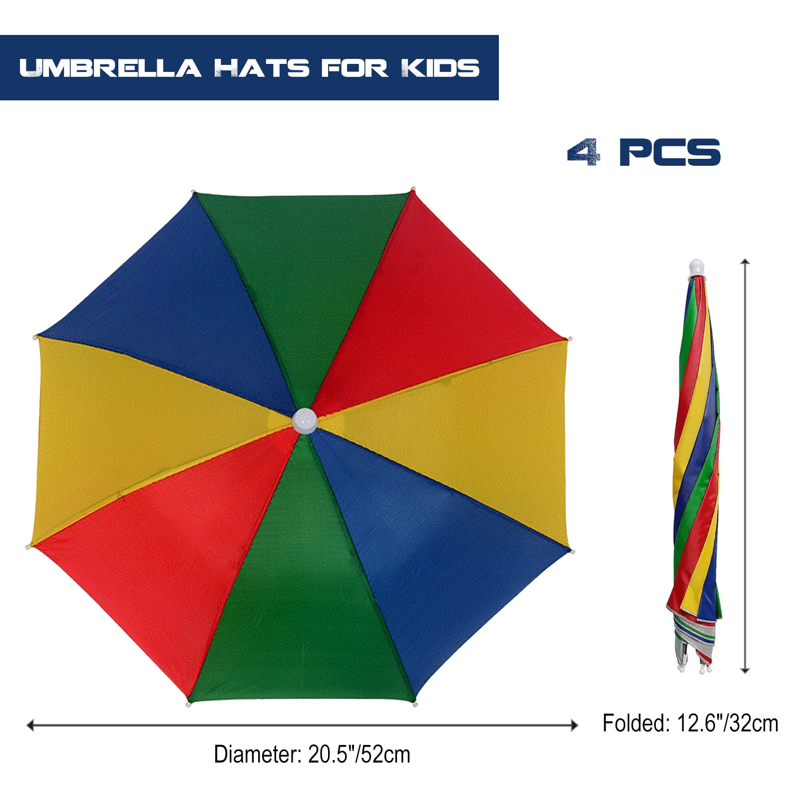 4 Stück Regenschirm Hut, 52cm Regenschirmhüte für Kinder, 360° Gegen UV Kopf Regenschirm, Wasserdicht Schirmhut mit Kopfband für Outdoor-Party, Angeln, Sonne, Strand, Golf, Wandern