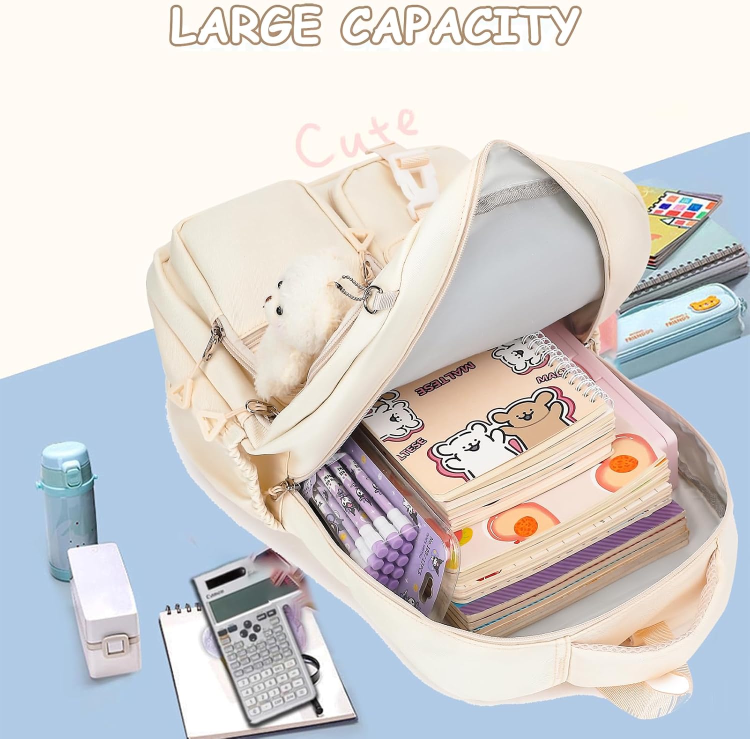 Kids Backpack for Girls Cute School backpack with Lunch Box Kawaii Book Bag Set for Primary Elementary School,Beige