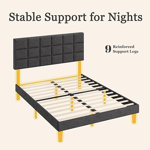 Vista 3 de Base de cama de plataforma Queen con cabecera alta tapizada de lino, no necesita somier, esponja EVA antirruido, fácil montaje, envío en una caja