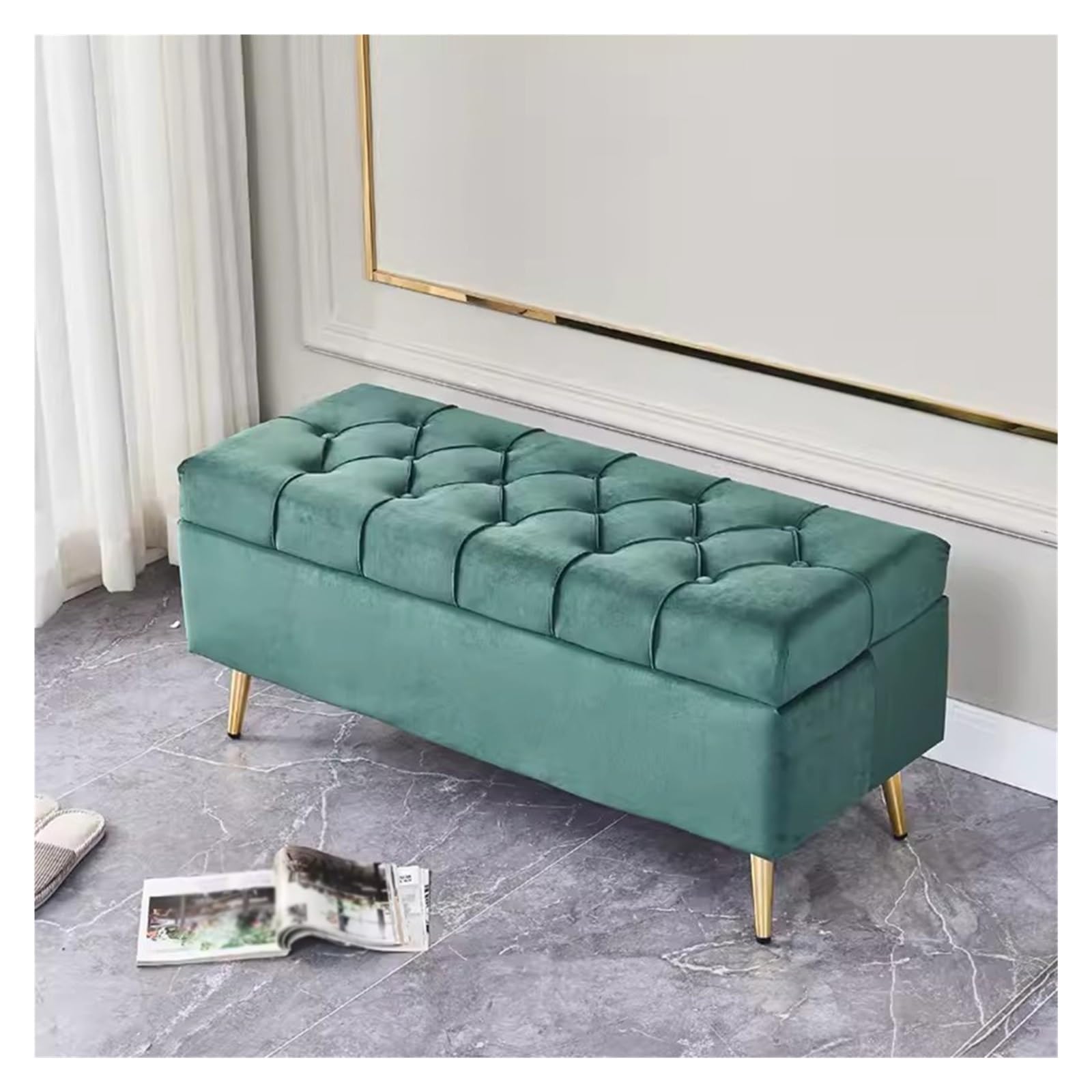 Banco de almacenamiento otomano, taburete rectangular tapizado de terciopelo para dormitorio, entrada o sala de estar con patas de metal, organizador multiusos para mantas y mucho más