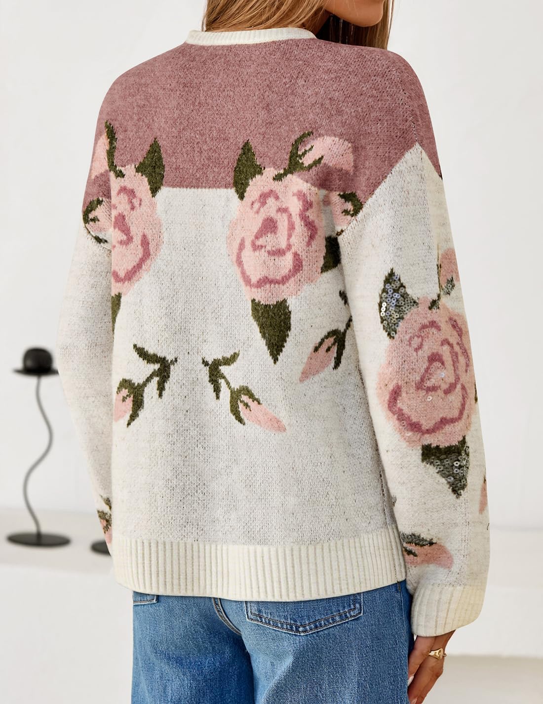 ZESICA Women's Floral Oversized Sweaters 2026 Fall Crewneck Long Sleeve Casual Chunky Knit Pullover Sweater Tops - Image 3