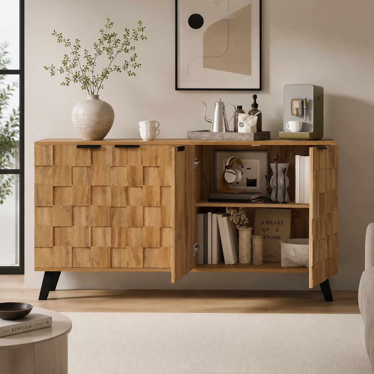 160 cm Aparadores para Salon con 2 Puertas, Aparador Cocina con Encimera, Armario de Almacenamiento para Salón Pasillo Cocina Sala, Color Natural, 160.5x35.5x78cm
