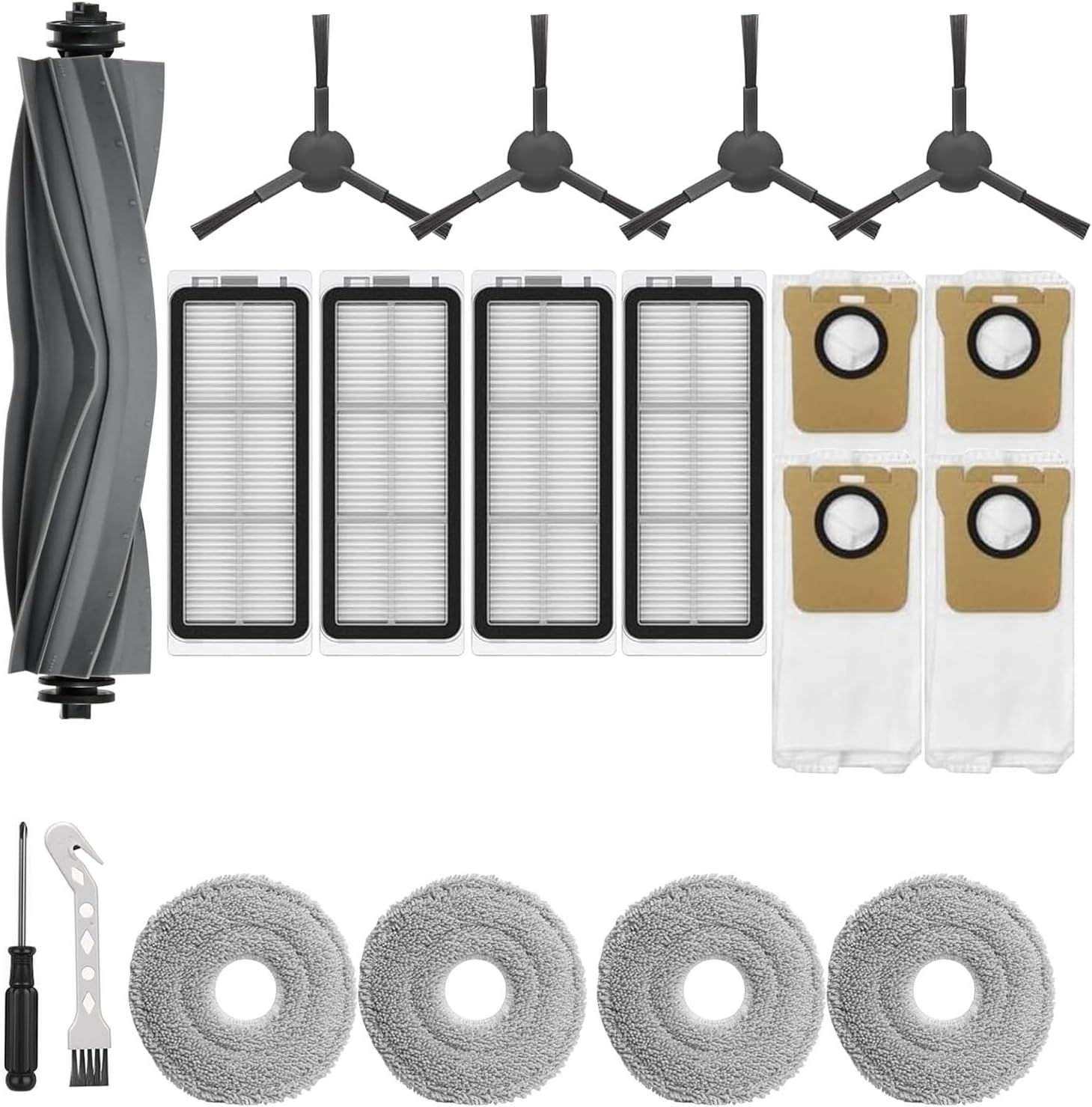 19PCS Accessories Replacement Kit for Dreame Dreame L20 Ultra, L30 Ultra Robotic Vacuum and Mop Cleaner 1 Main Brushes, 4 Side Brushes, 4 dust Bags, 4 mop Pads, 4 hepa Filters