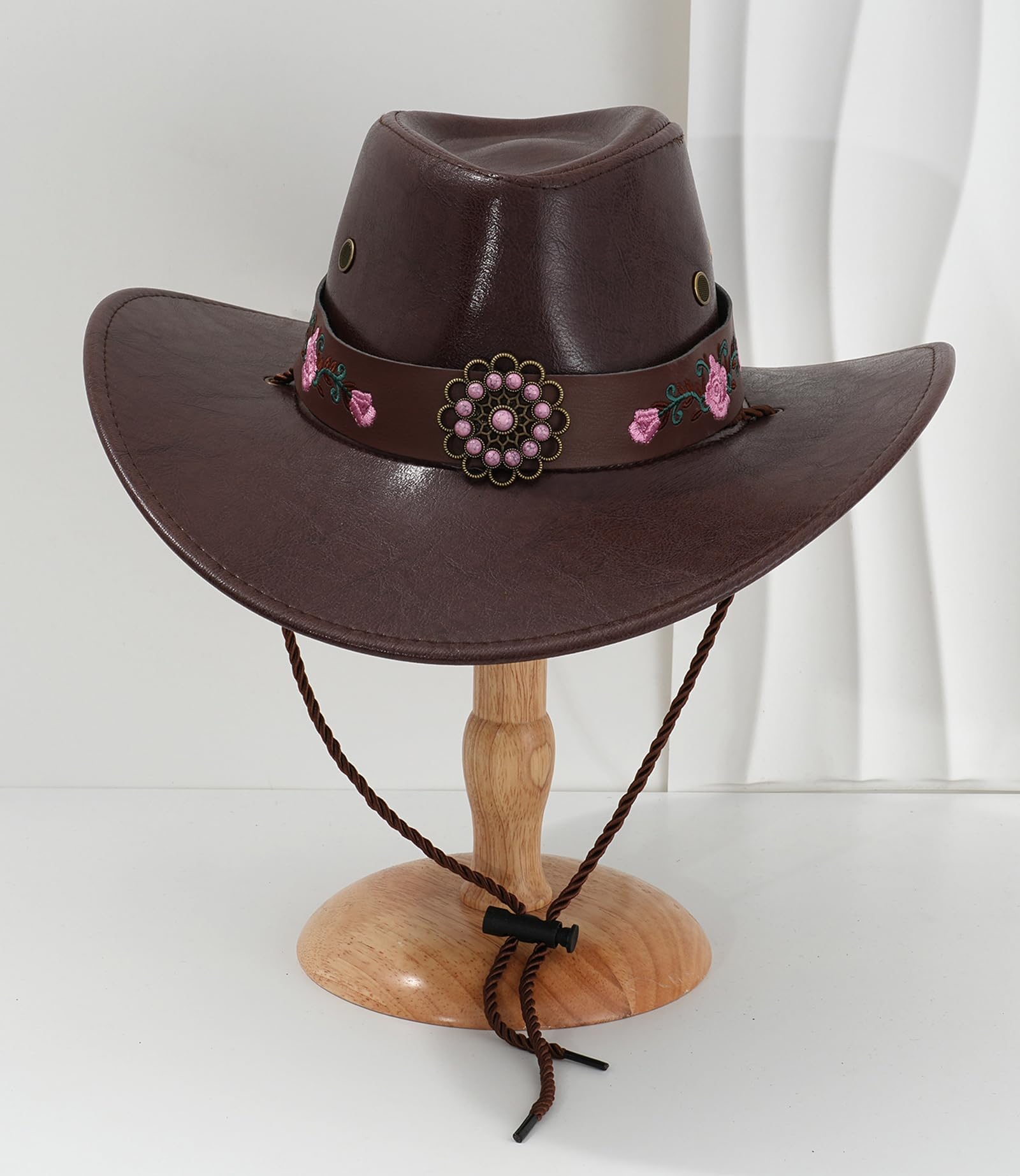 Cappello da Cowboy In Pelle Pu Per Donna-Uomo A Tesa Larga Classico Vintage Cappello Western Cappello da Cowgirl con Cintura Ricamata