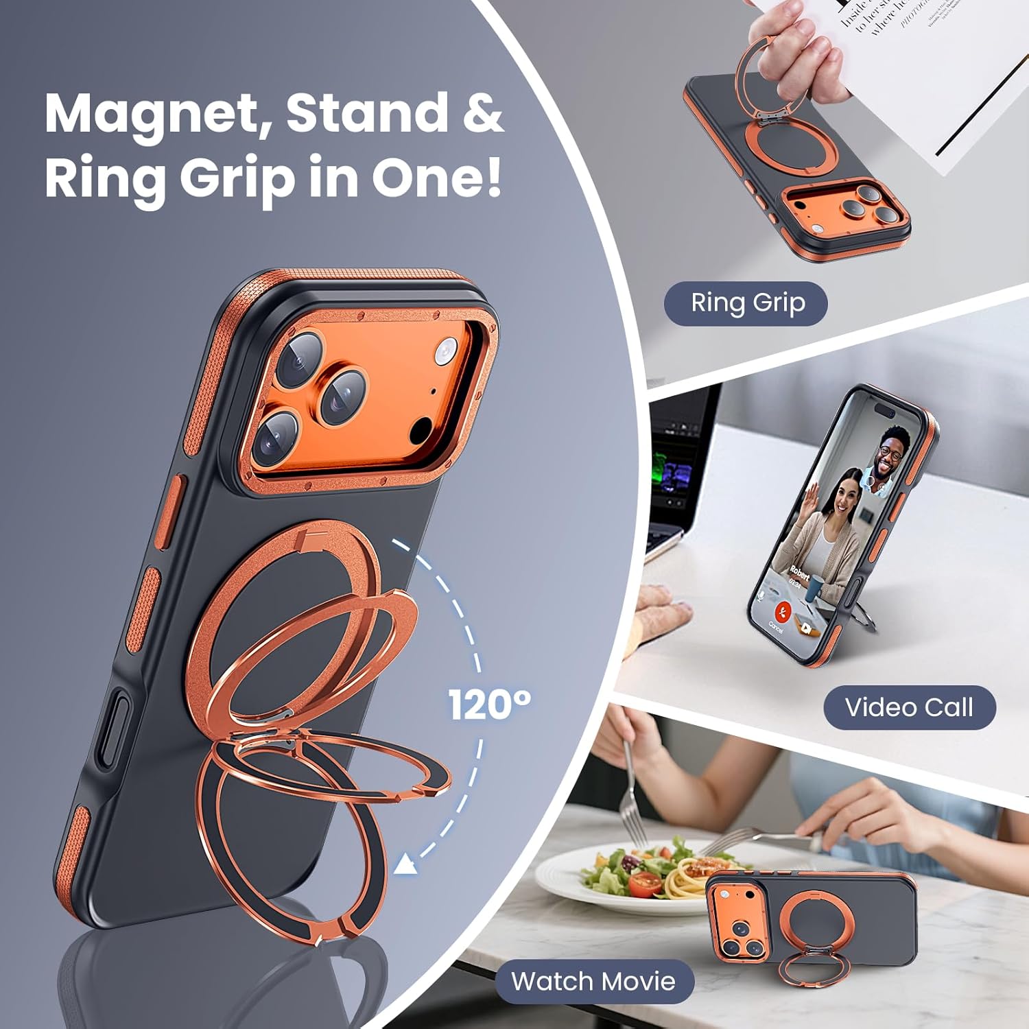 Strong Magnetic Case for iPhone 17 Pro Max(6.9", 2025) with Stand, Drop-Proof Bumper Cover with Contrast Color Border, Military-Grade Drop Protection, Shockproof Slim Thin Cover,Orange