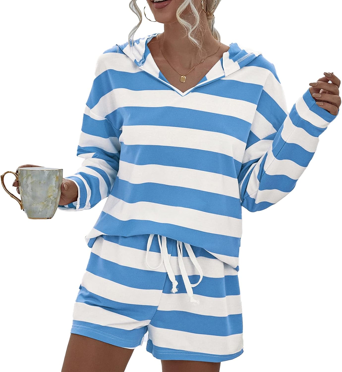 Cocoarm Women Hoodie Shorts Set Hooded Stripe Loose Sport