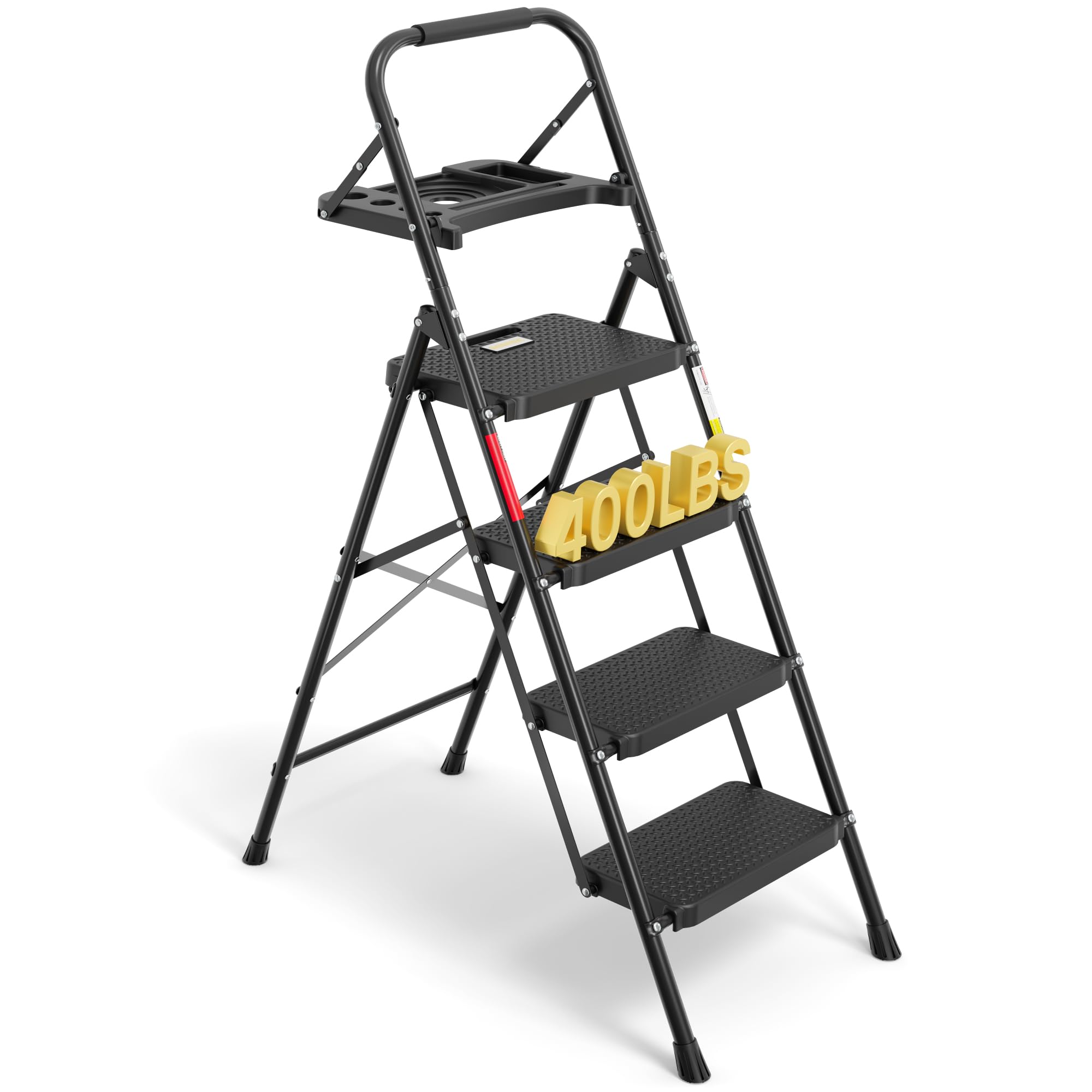 BONTEC 4-Step Ladder, 400lbs Max Load, Folding Step Stool with Tool Tray, Anti-Slip Pedals, Sturdy Steel, Lightweight Portable Ladder with Handrail for Home & Work Use, Black