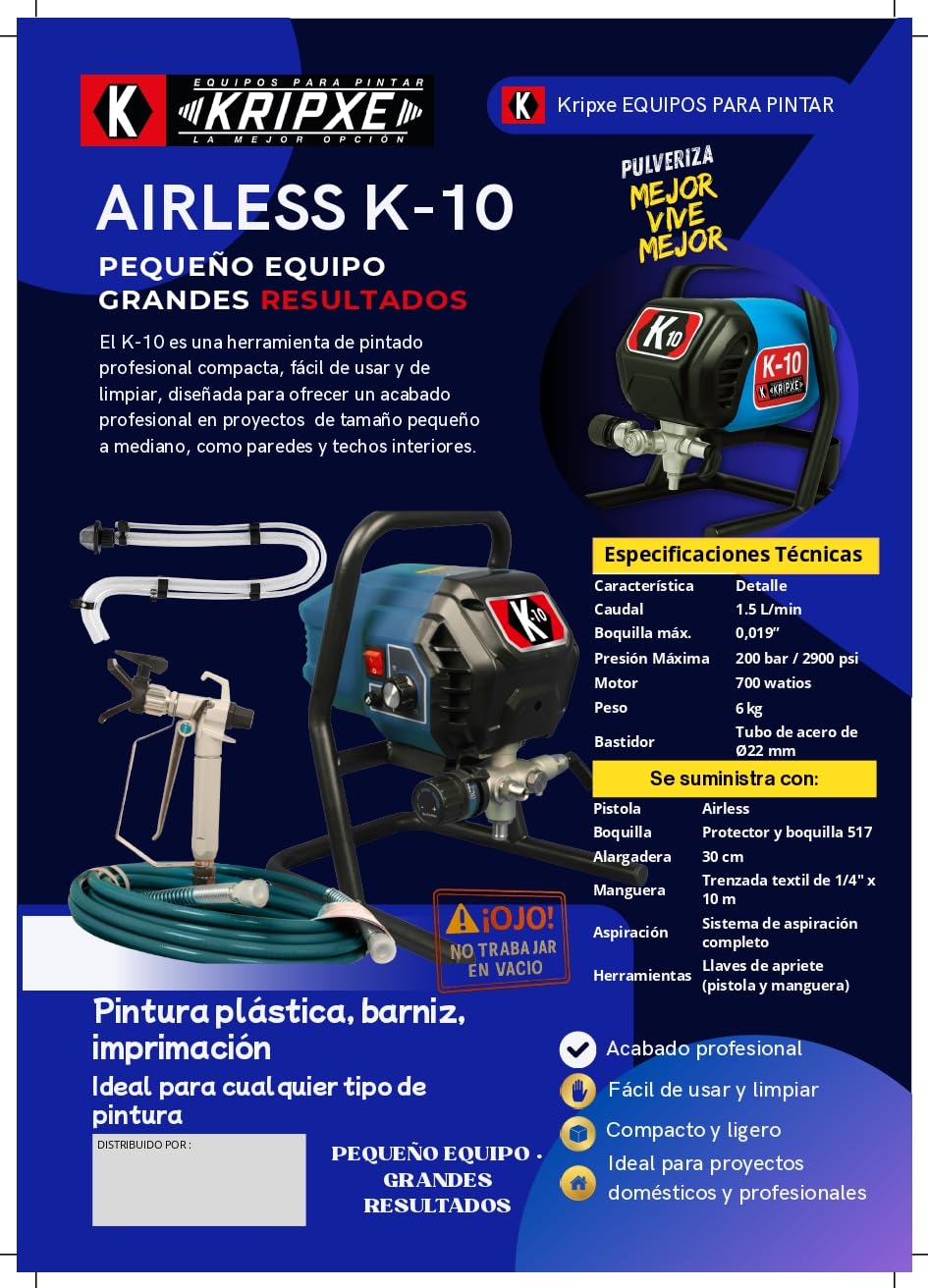 K10 Pulverizador Airless 700W Presión 200 Bar Caudal 1.5L/min con Manguera de 10 m y Pistola Airless con Boquilla 517