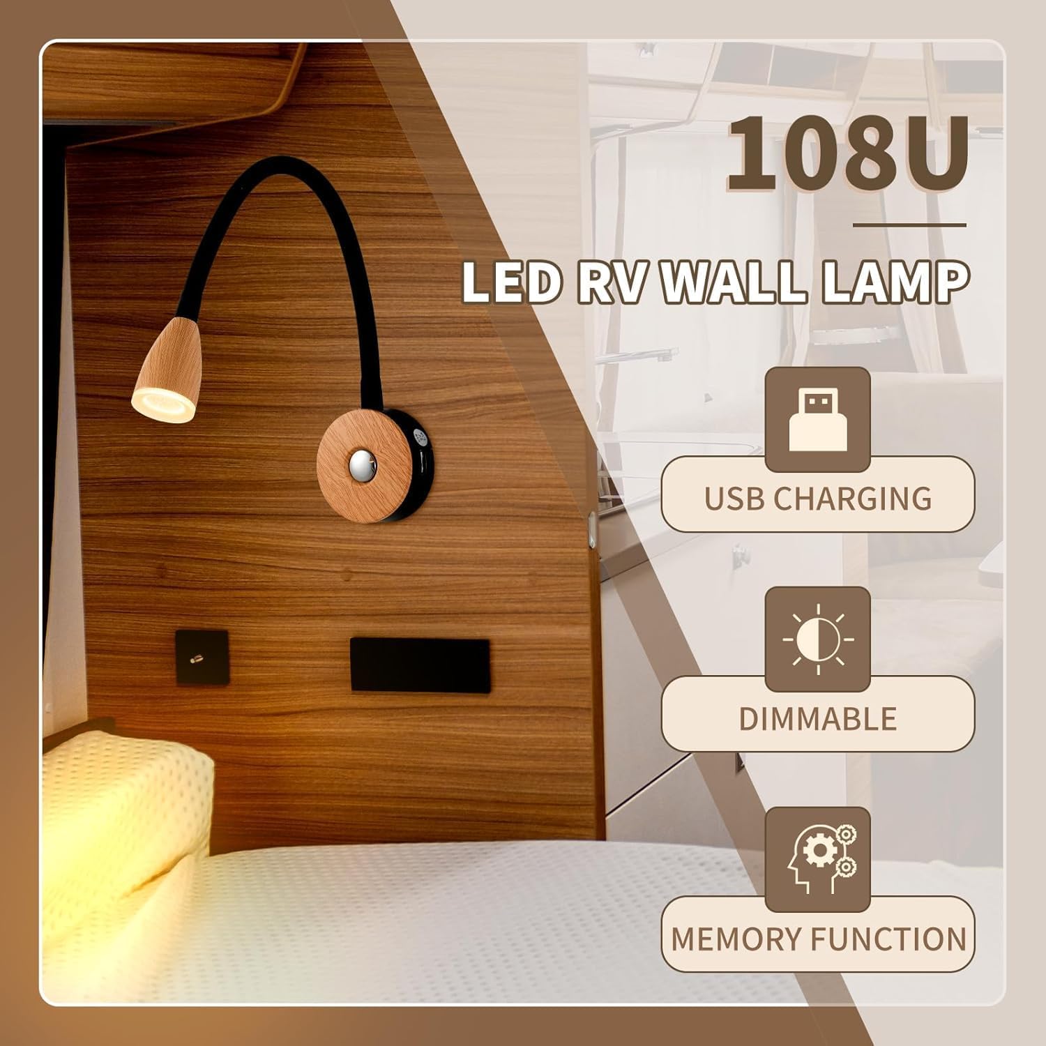 12v Reading Light,RV Dimmable Readin,rv Lighting with USB Charger, Wood Grain Color,12 Volt Flexible Gooseneck Wall Lamp(2Pack, 3000K-3200K) | 12v Reading Light,Dimmable,USB+Type-c port