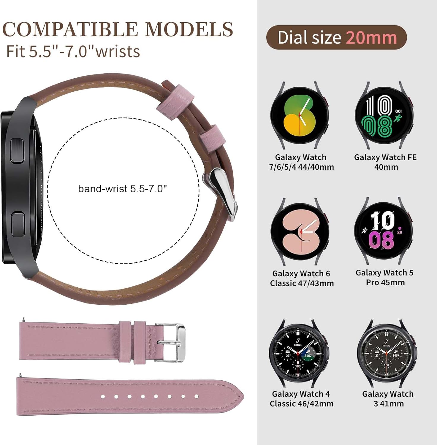Italy Genuine Leather Watch Bands Compatible with Samsung Galaxy Watch 7 6 5 4 40mm 44mm, 5 Pro 45mm, 6 4 Classic Active 2, 20mm Quick Release Leather Watch Straps Replacement Band for Women Men