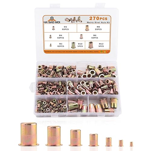 Kit de 270 tuercas remachables, surtido de tuercas remachadoras métricas UNC, acabado chapado en zinc, kit de herramientas de tuerca remachadora