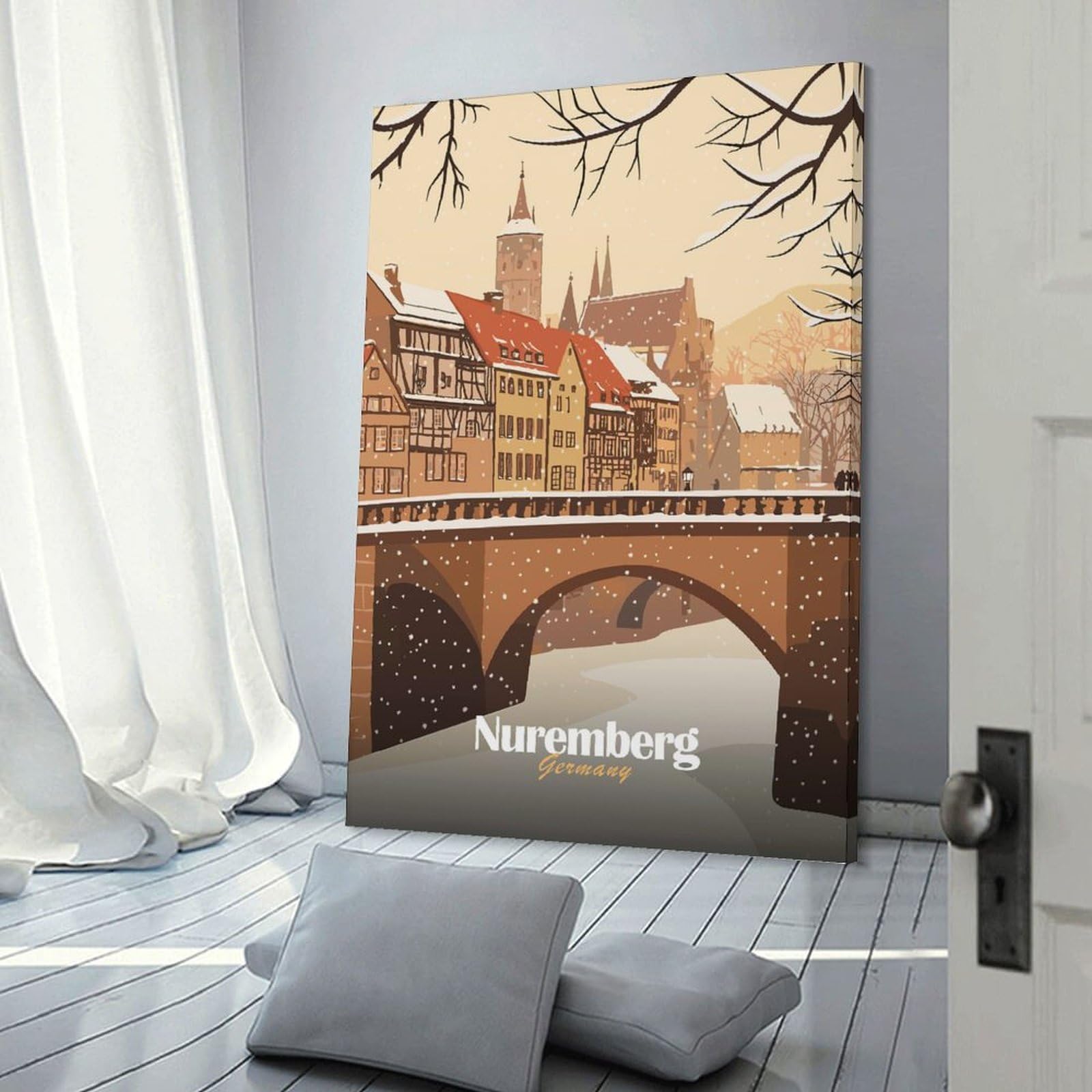 Junmoney Frame-Style-4-1 Nuremberg Winter Scene Canvas Art Print, 24X36inch(60X90cm), For Picture Wall Styling In Lounge Or Bedroom, Wall Decor Suited To Curated Displays