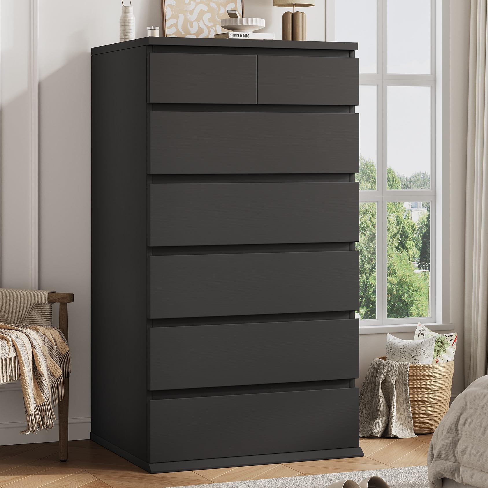 black tall 7 drawer dresser for bedroom, modern wood closet dressers & chests of drawers with jewelry storage, 23.6" l*15.8" w*47.5" h in large vertical dresser for bedroom, living room, nursery