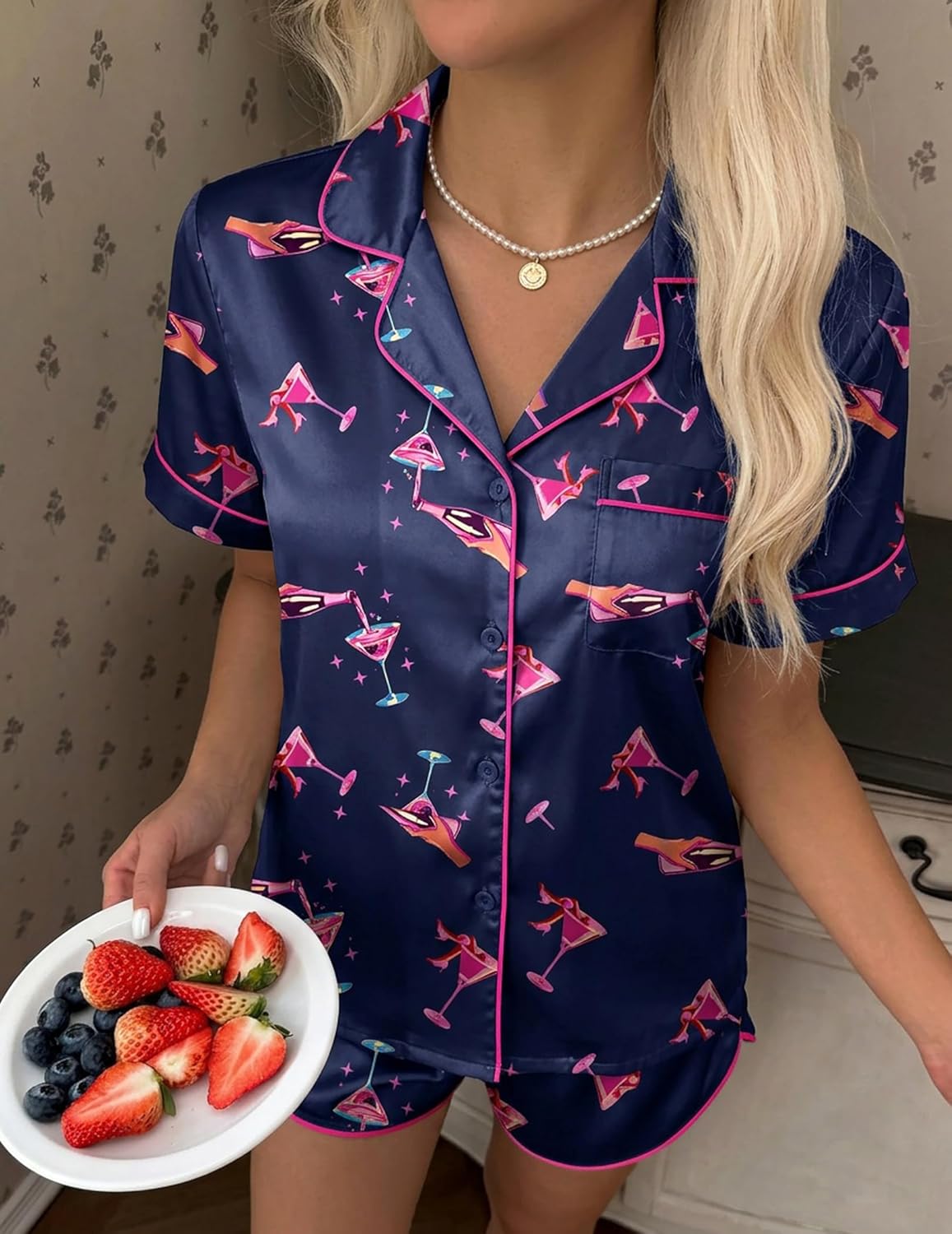 Ekouaer Silk Satin Pajama Set for Women Button Down Short Sleeve Top and Shorts Pjs Sets Sleepwear Gifts for Party S-5XL