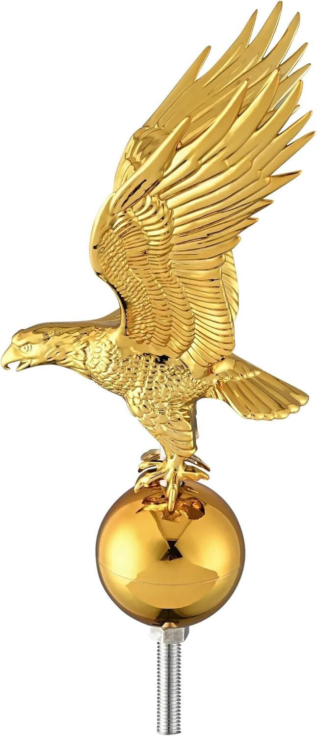 Gold Eagle Flagpole Topper Finial Ornament, 14 Inch Decorative Flag Pole Ornament with Ball, Universal Fit for 20/25/30 Ft Telescopic Poles, Rust-Free Durable Plastic and Aluminum