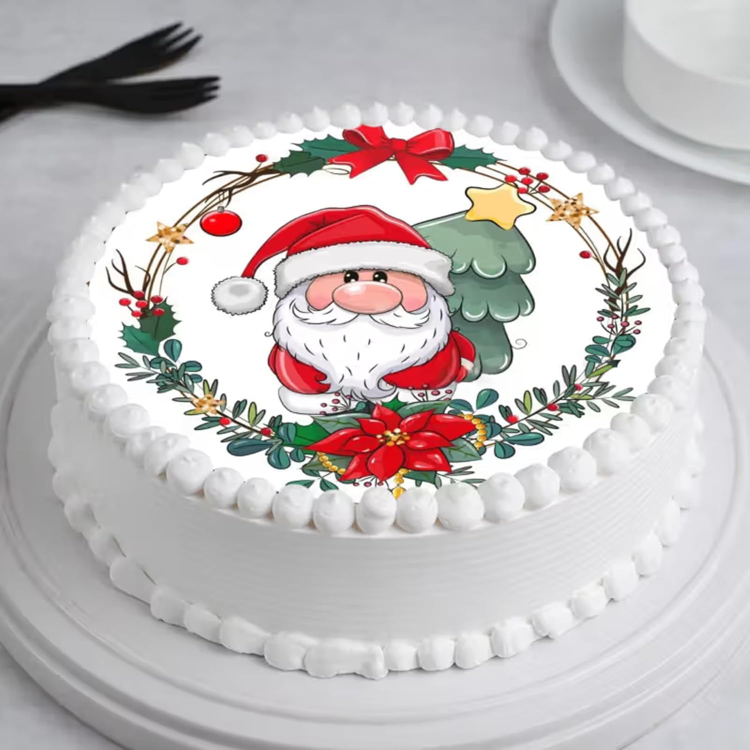 FlowerAura Christmas Special Fresh Yummy Xmas Santa Theme Vanilla Poster Cake | Christmas Celebration Cake | Christmas Gift For Friends, Family, Colleagues (Same Day Delivery) (0.5Kg)