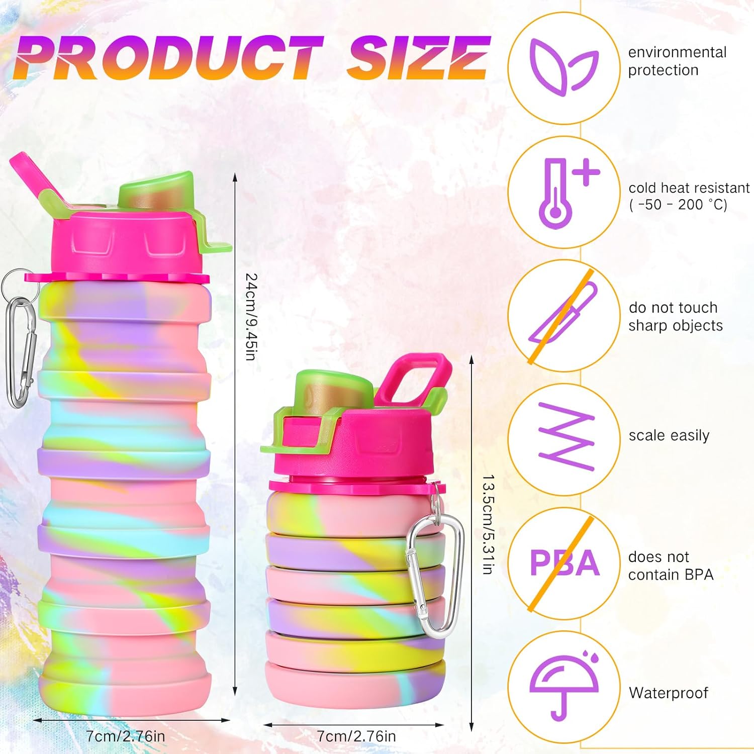 Sunnyray 20 Pack Collapsible Water Bottles Bulk Foldable Water Bottles 17oz Silicone Portable Leak Proof Reusable Sports with Clip for Travel Hiking Camping Outdoor(Colorful)