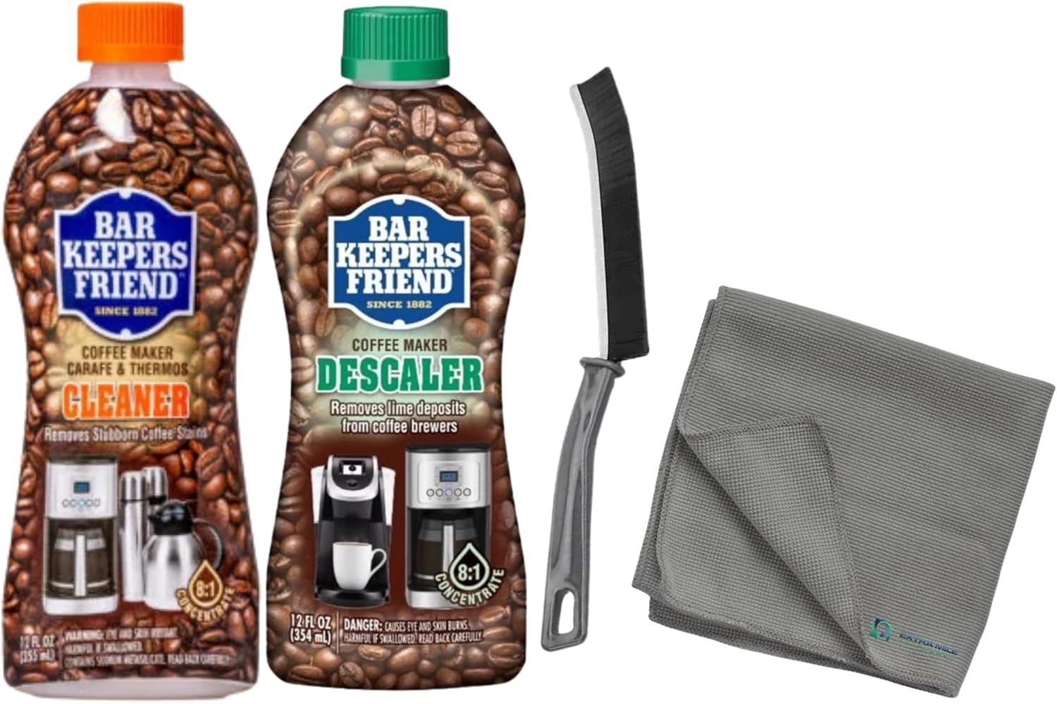 Multi-Surface Coffee Maker Descaling Solution – Professional-Grade Cleaner for Scale, Calcium & Residue – Restores Brew Performance – Includes Microfiber Cloth & Cleaning Brush (4-Piece Set)