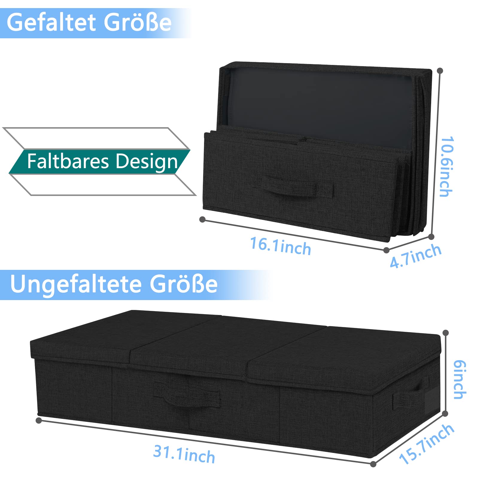 JUPELI Lot de 2 boîtes de rangement pliables noires - 15 cm de haut - Sous le lit - Avec couvercle et poignée - Pour couvertures, vêtements, couettes, jouets