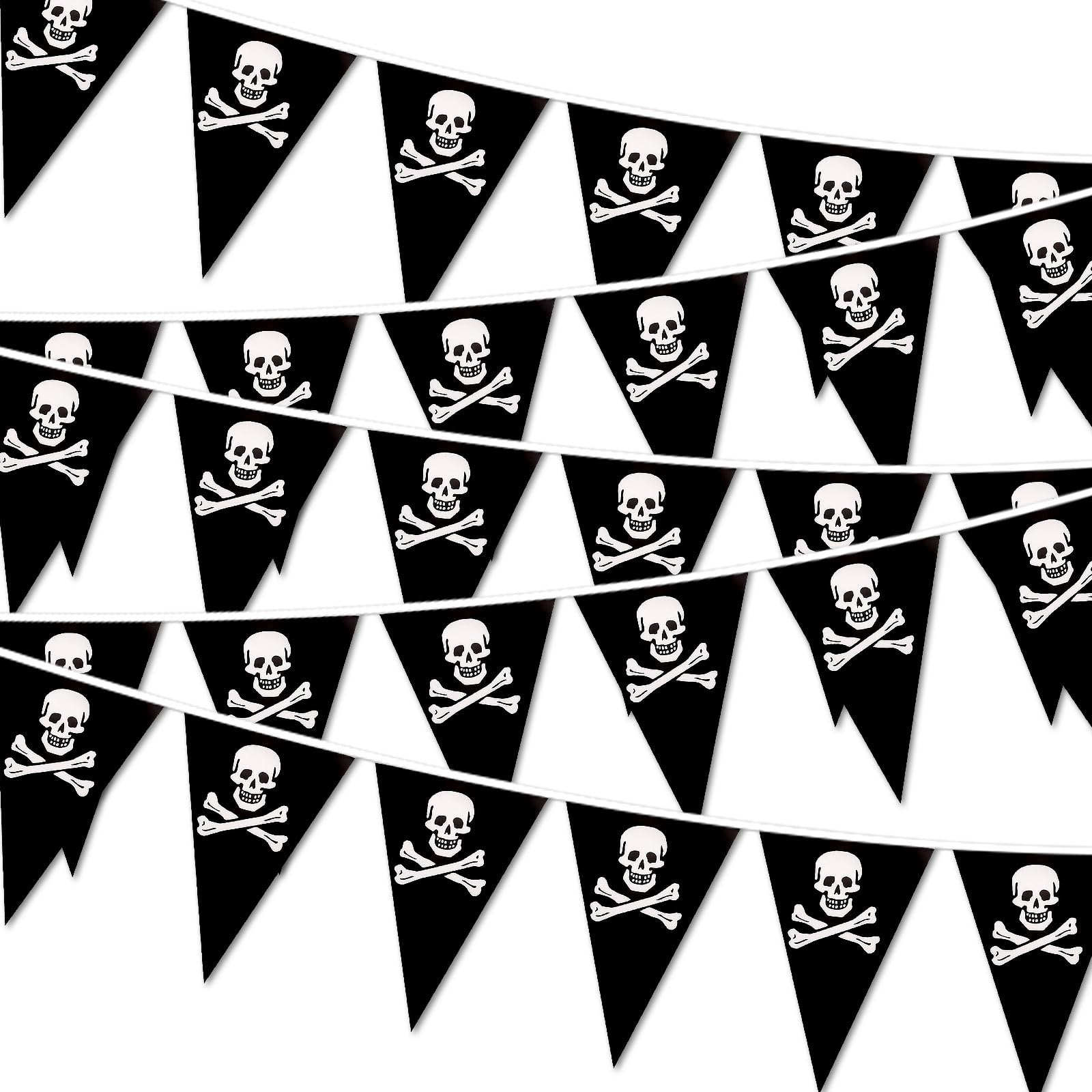 23FT Pirate Bunting, Triangle Flags Party Decorations, Pirate Skull Crossbones Pennant Black Bunting Banner, Themed Party Accessories, for Party Outdoor Decoration, Photo Props, Caribbean Halloween