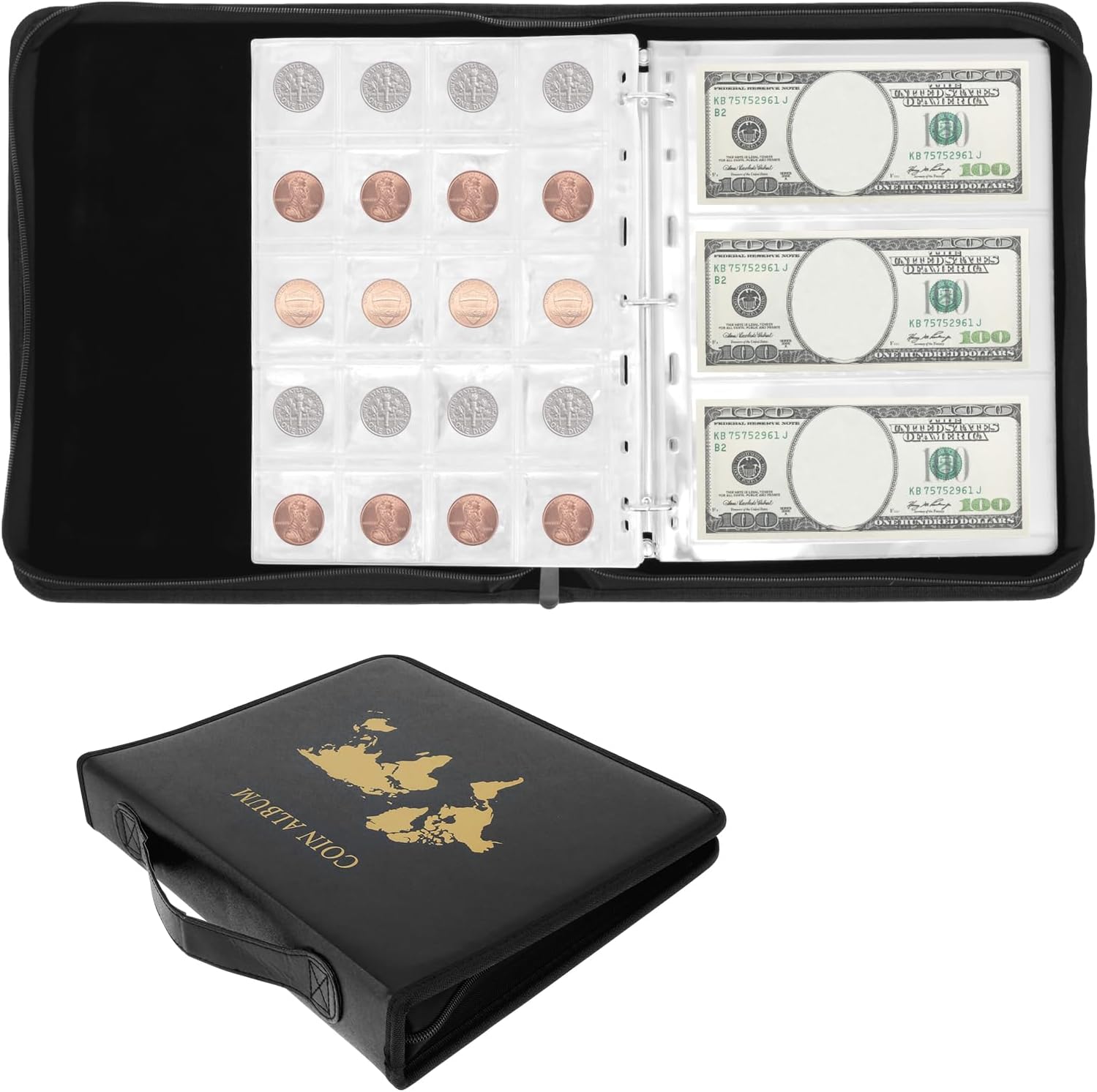Coin Collection Book Holder Organizer, Fireproof Coin Collection Album Holder for Collectors, Coin Holder Book, 200 Pockets Coin Collecting Album & 30 Sleeves Money Storage Case
