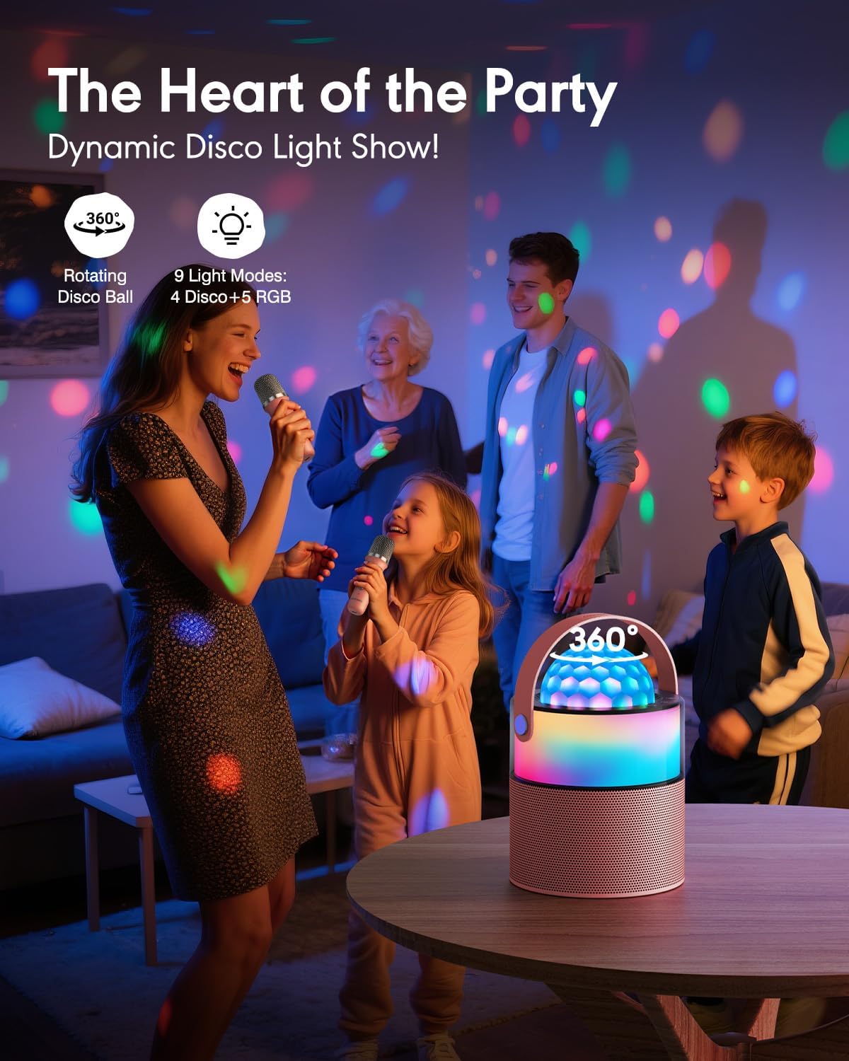 Karaoke Machine with Disco LED Lights for Adults Kids, Mini Portable Bluetooth Speaker with 2 Wireless Microphones, Birthday Gifts Toys for Kids Family Home Party (Pink) - Image 4