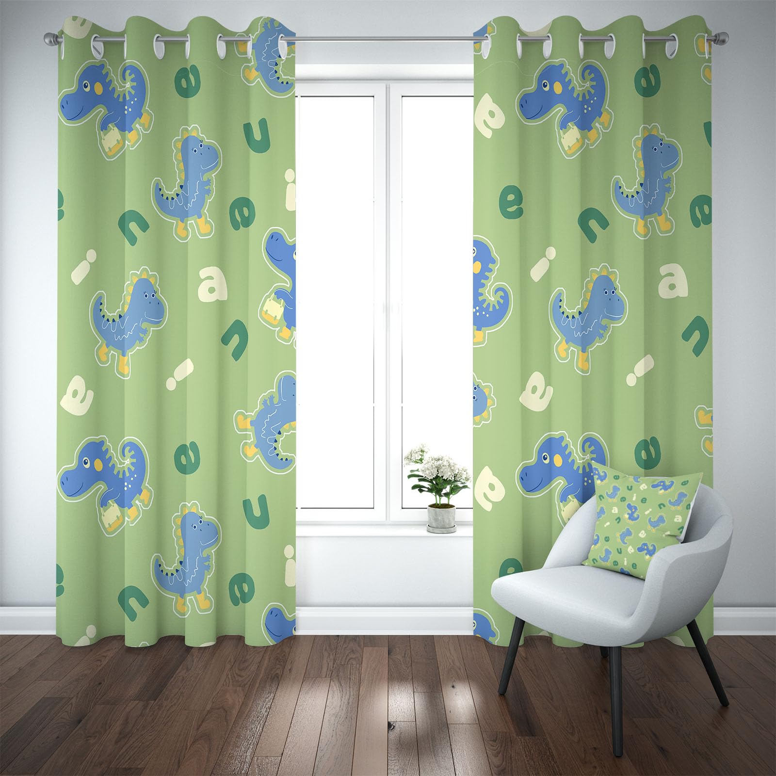 Lot de 2 Rideau Occultant 75x166 cm Dinosaure Mignon Rideaux d'enfant Isolants Thermiques avec Oeillets Dessin Animé Style Draperies Salon Isolant Phonique pour Chambre