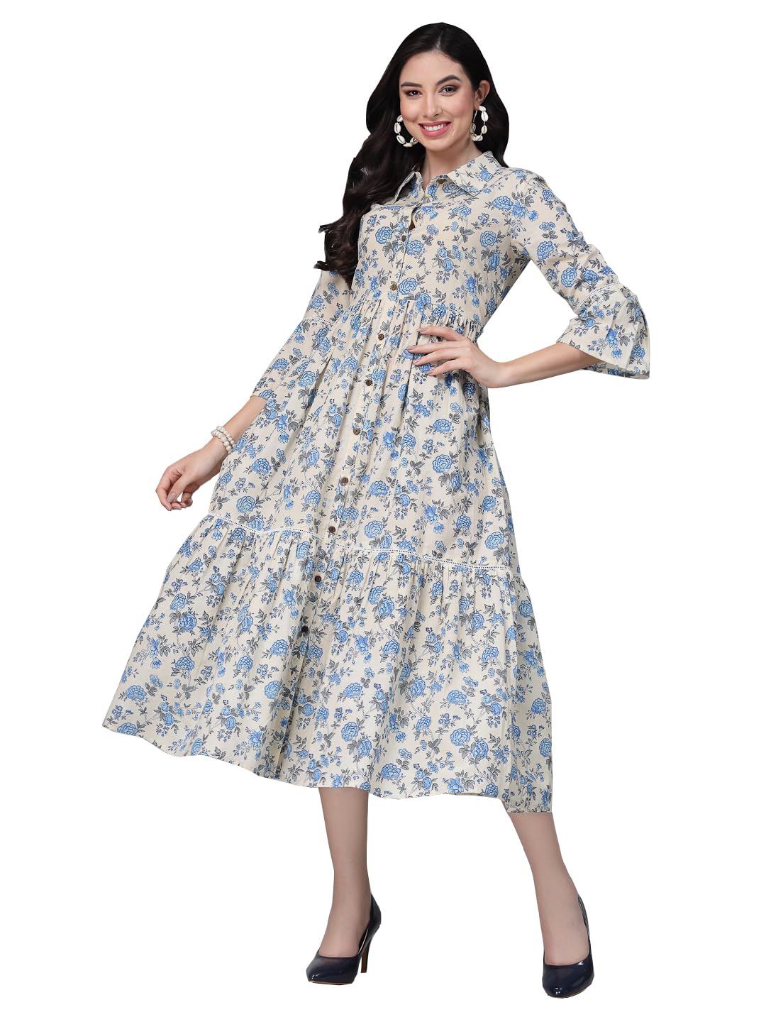 Stylum Women's Floral Printed Cotton Tiered Midi Dress (Drsneon38_Cream, M)