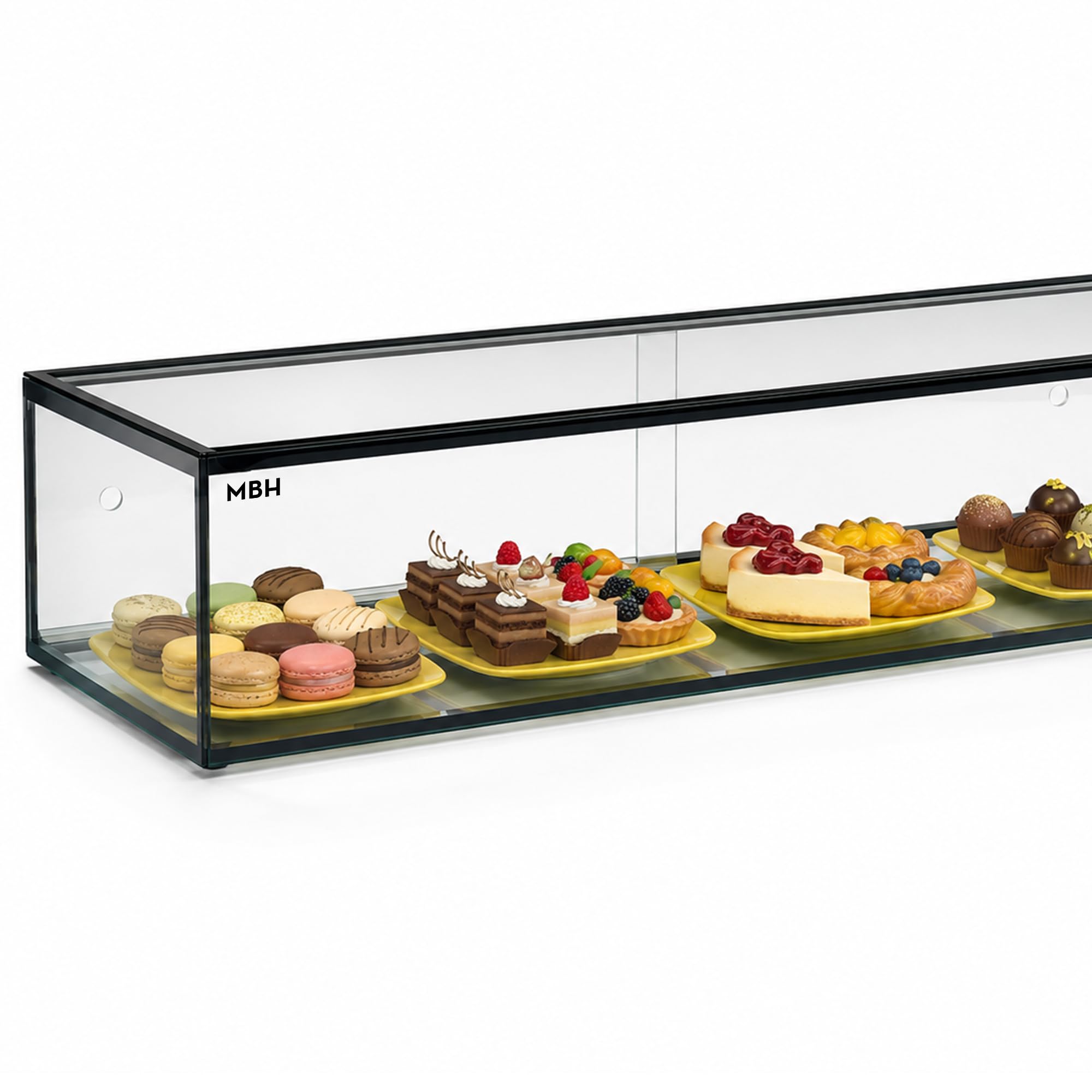 MBH - Vitrina Expositora Neutra de Sobremostrador 92x33 cm, Cristal Recto Templado, 1 Piso, sin Iluminación LED, Puertas Traseras Correderas, para Bar, Cafetería, Restaurante, Bollería y Repostería.