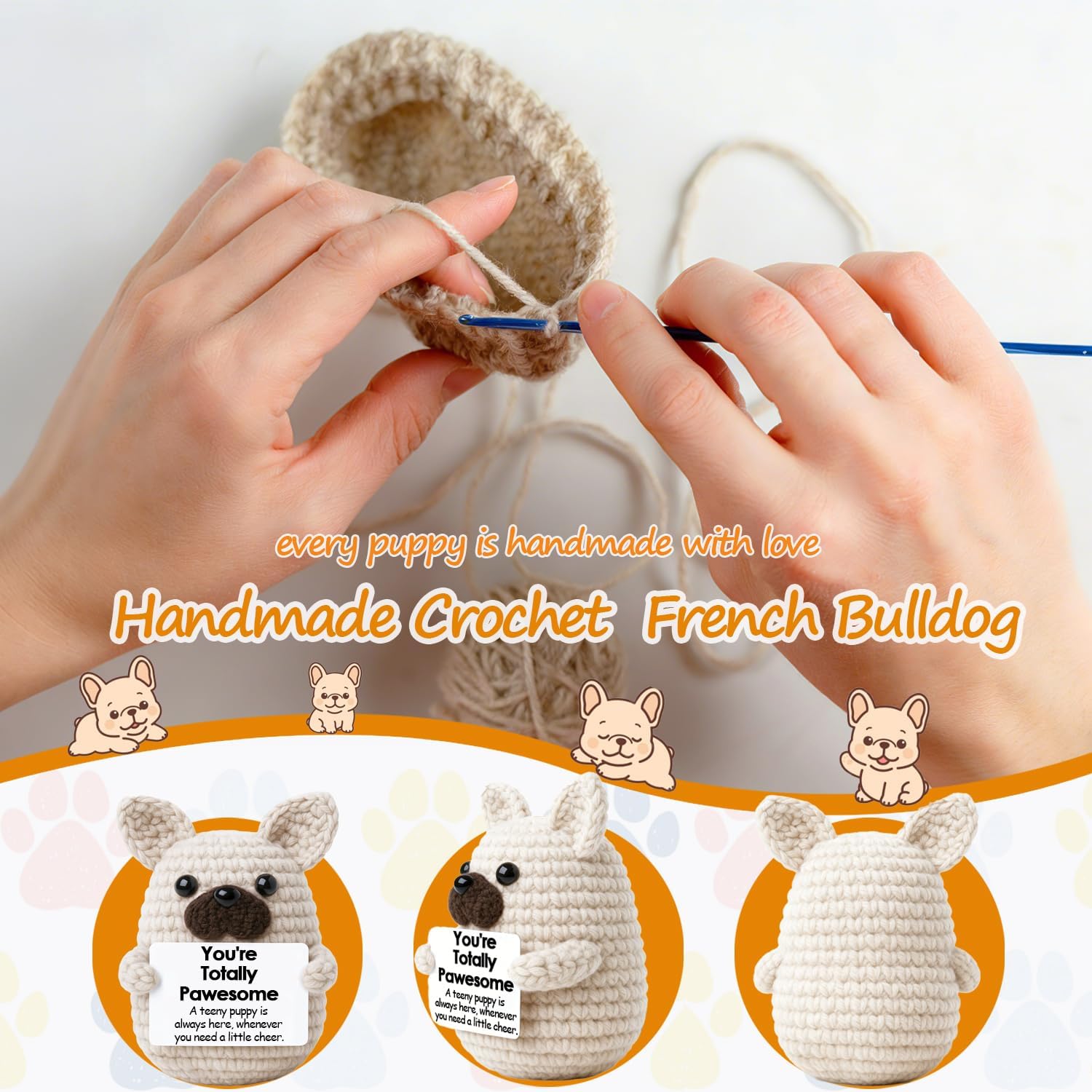 Mini French Bulldog Gift for Father Day Graduation Teacher Appreciation,Emotional Cheer Up Crochet Dog Birthday Gift for Dog Mom Coworkers Friend,Handmade Positive Frenchie Desk Decor