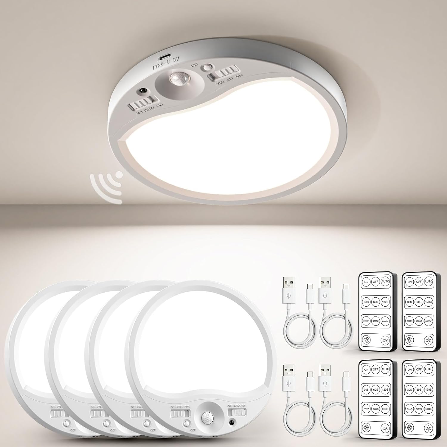 TANBABY 8000mAh Motion Sensor Ceiling Light Indoor with Remote, 3-Color Magnetic Battery Operated Lights, 7'' Super Slim Ceiling Light Adjustable Motion Timer 30s/60s/120s for Closet Shower (4 Pack)