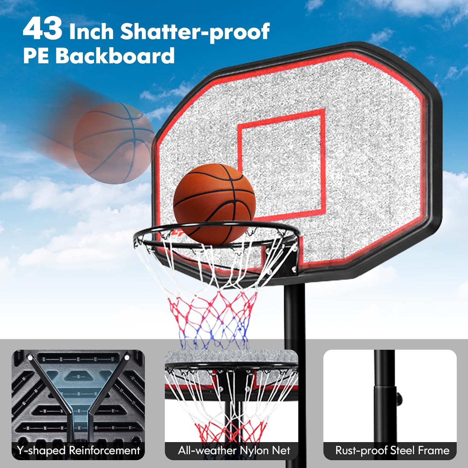 Goplus Portable Basketball Hoop Outdoor, 6.5FT- 10FT Height Adjustable Basketball Stand with Wheels, 44Inch Backboard, Fillable Base, Indoor Outdoor Basketball Goal System for Adults
