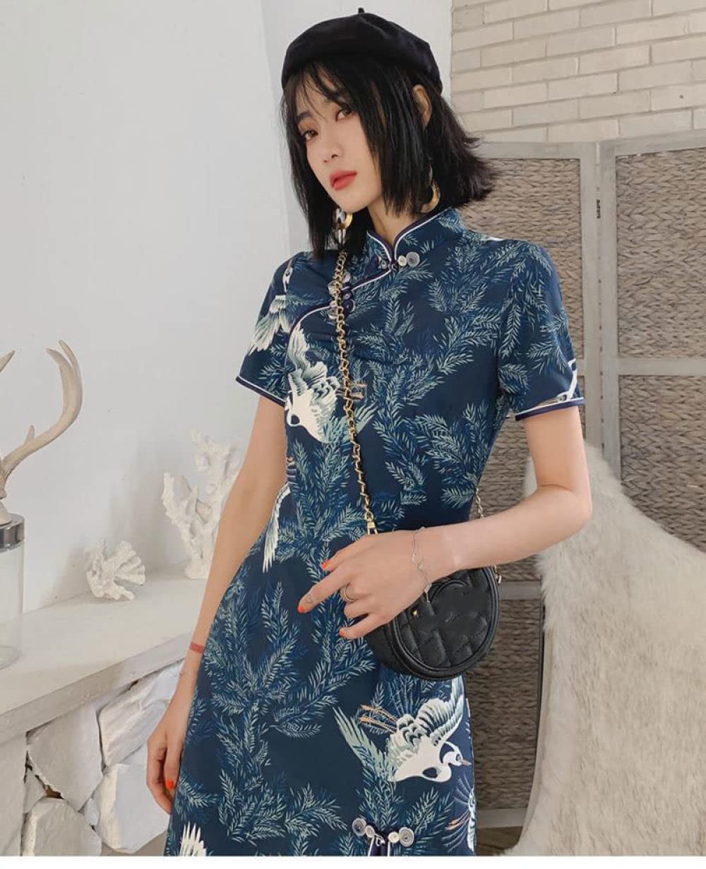Abito Cheongsam Migliorato,Abito Cheongsam Blu Navy retrò Maniche Corte Mini Abito Sexy Orientale Giapponese Gru Qipao Elegante Abito da Cocktail Aderente Abito da Sera Etnico per Ragazze Donne