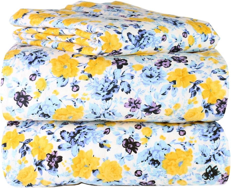 AM Home Fashion Piece 100% Soft Flannel Cotton Bed Sheet Set – Queen/King Size – Patterned Bedding Covers – 1 Flat Sheet, 1 Fitted Sheet, 2 Pillow Cases - Fade Resistant Designs, (Floral, Queen)