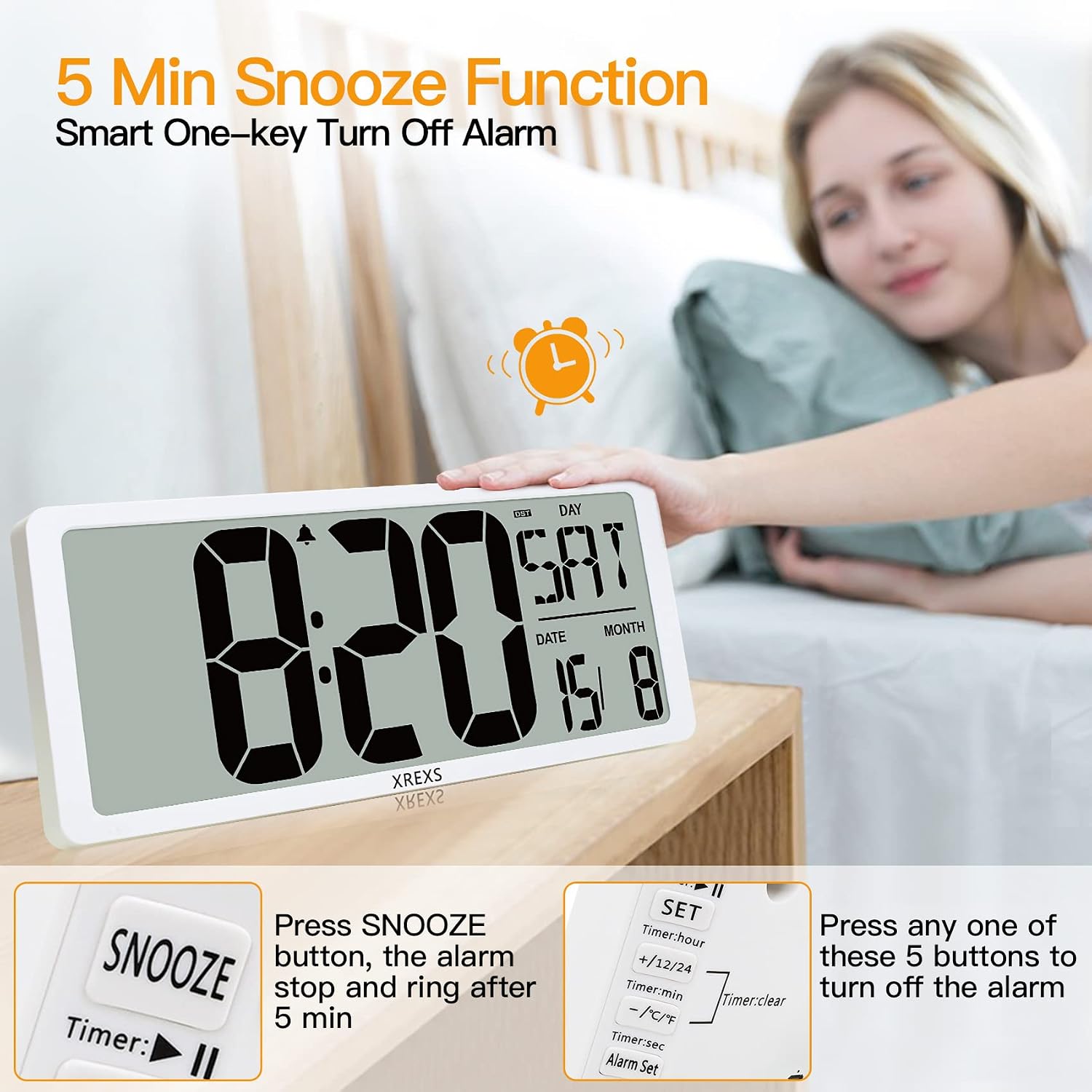 Image showing the 5-minute snooze function and how to turn off the alarm.