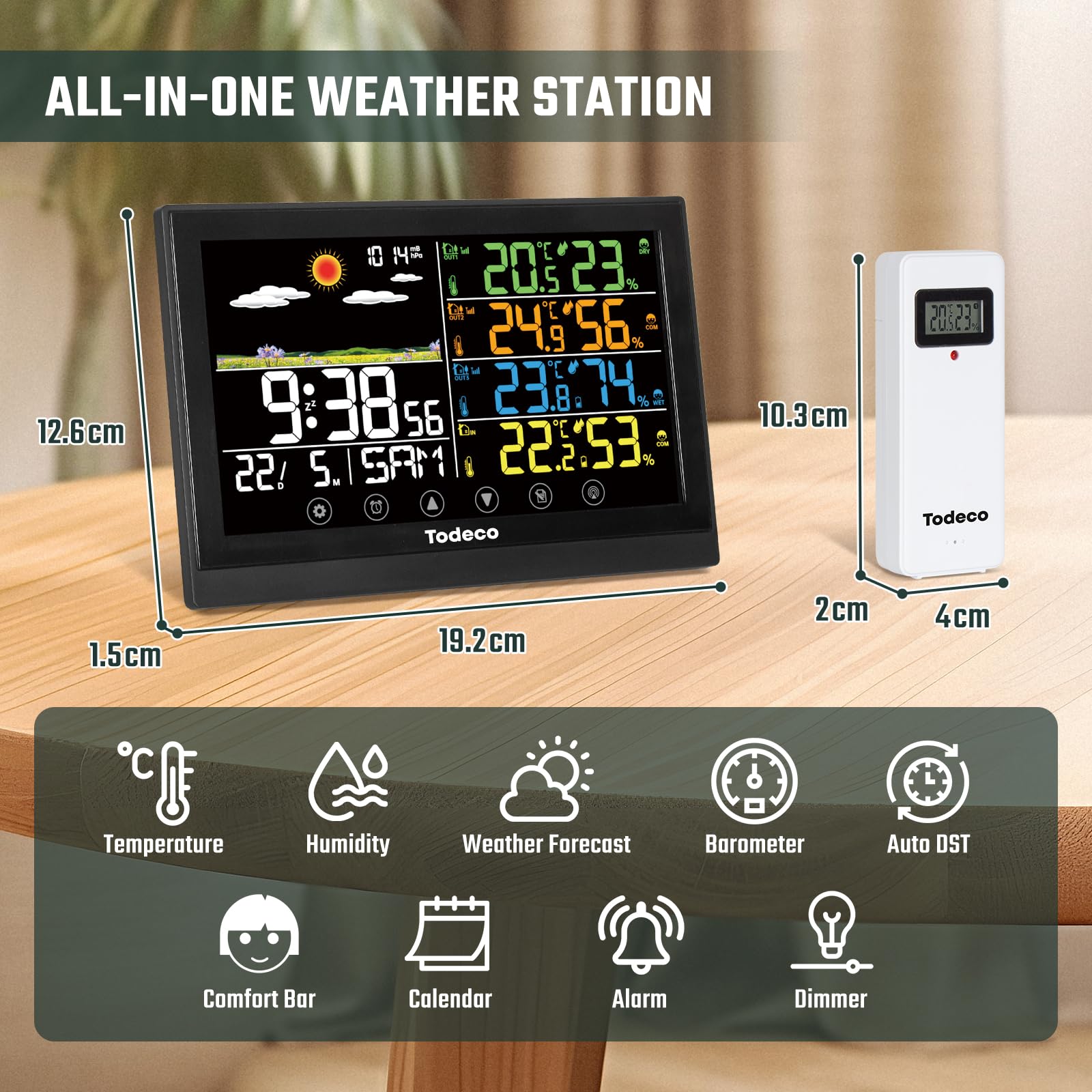 Todeco Wetterstation Funk mit 3 Außensensoren, Farbdisplay, DCF Funkuhr | Wettervorhersage, Barometer, Temperatur & Luftfeuchtigkeit, 100 m Funkreichweite, Wand- & Tischmontage