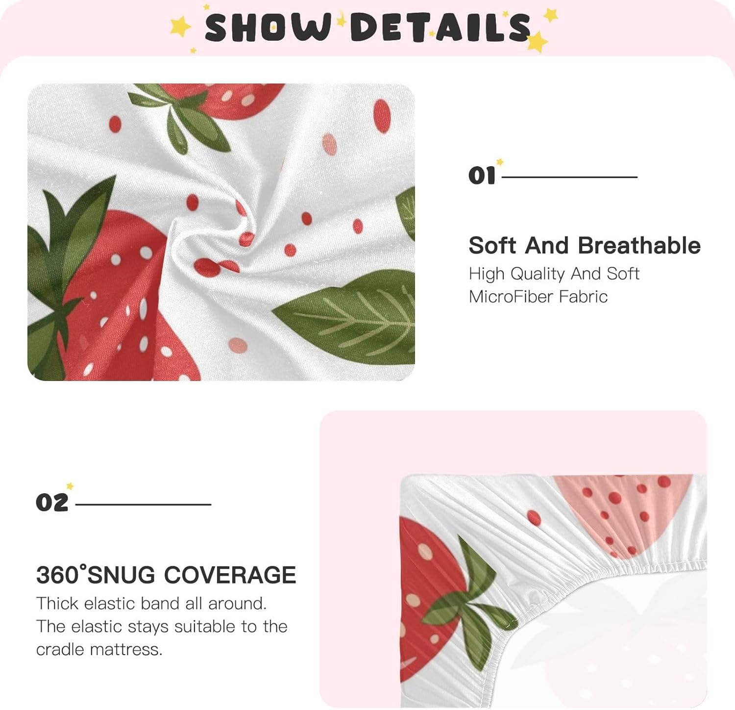 Crib Sheets Baby for Boys Girls Breathable Neutral Toddler Bed Sheets for Standard Size Toddler Mattress 39x27 Inch Pink Strawberry Green Leaf