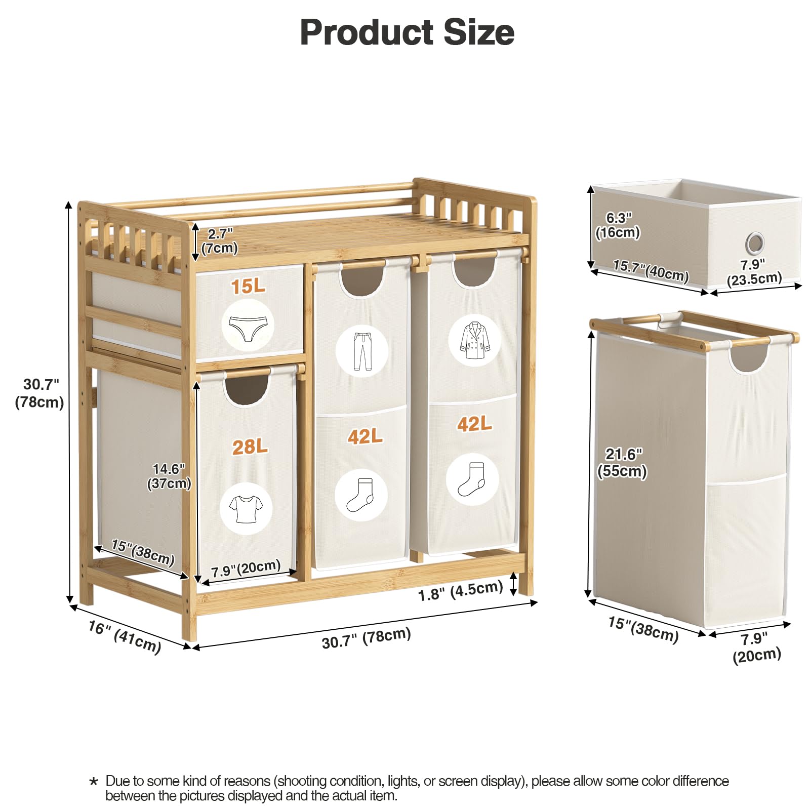 Wäschekorb 3 Fächer Bambus, Wäschesammler 127 L, Wäsche Sortiersystem, Wäschesortierer mit Schublade, Wäscheregal, Wäschesack für Bad Schlafzimmer Waschküche 78 x 41 x 78 cm
