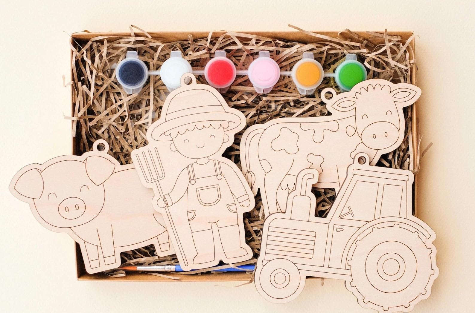 Pack of 8 Farm Theme Wooden MDF Cutouts (Pig, Farmer, Cow & Tractor) | 4 Inch Unfinished MDF Craft Shapes | 3mm Thick Wooden Hanging Tags for DIY Painting, Kids Craft, Nursery Decor & Farmhouse Decorations-image-18