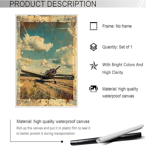 Miniatura 2 de Póster de lienzo vintage de avión aterrizando un avión en la hierba, arte de pared de los años 90, diseño de biplano con temática de aventura para