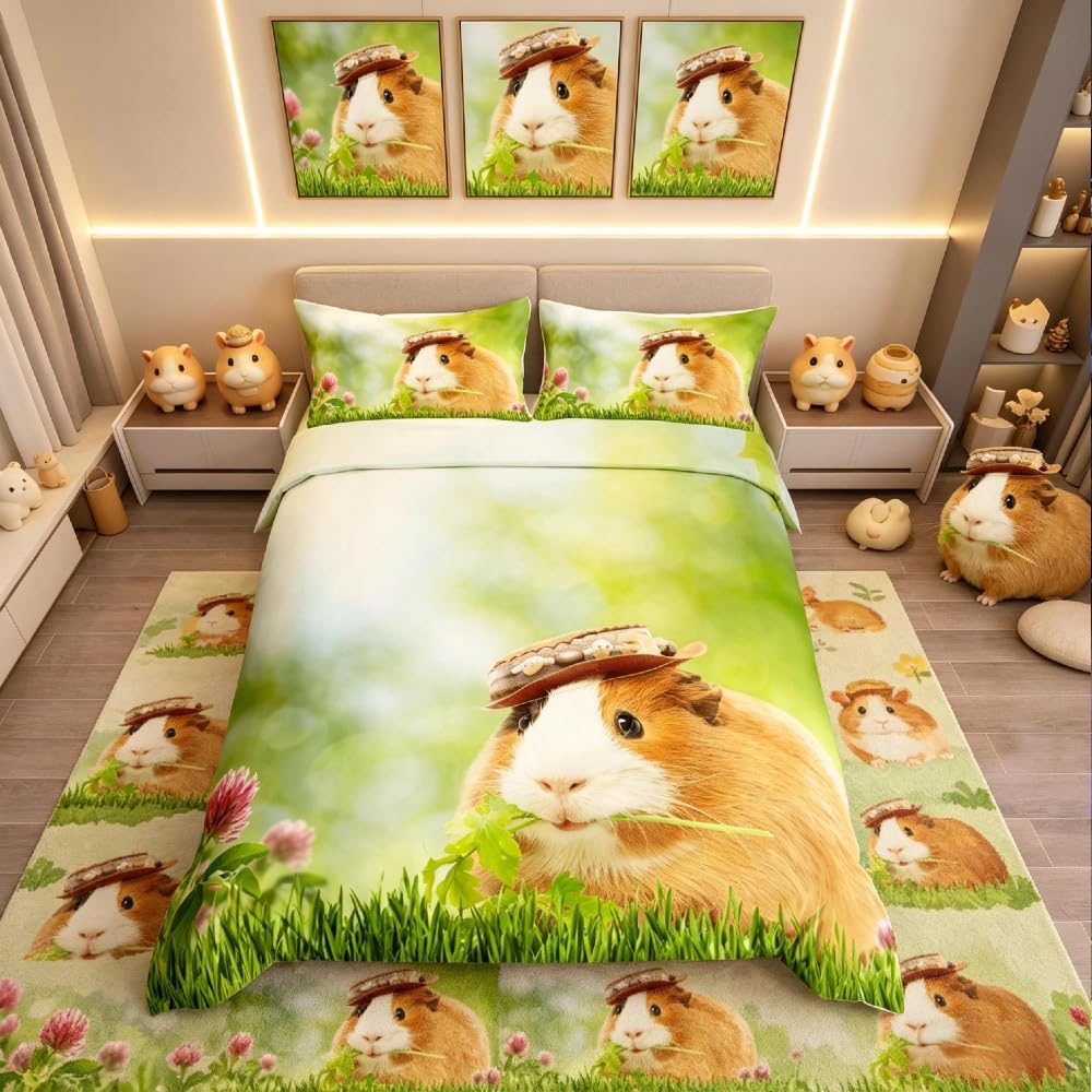 Guinea Pig Duvet Cover Cute Cavy Pattern Bedding Set 3D Animal Theme Comforter Cover for Boys Girls Children Bedroom Decor Garden Nature Theme Bedspread Cover Junior/Cot Bed Size With 1 Pillow Case — image 1