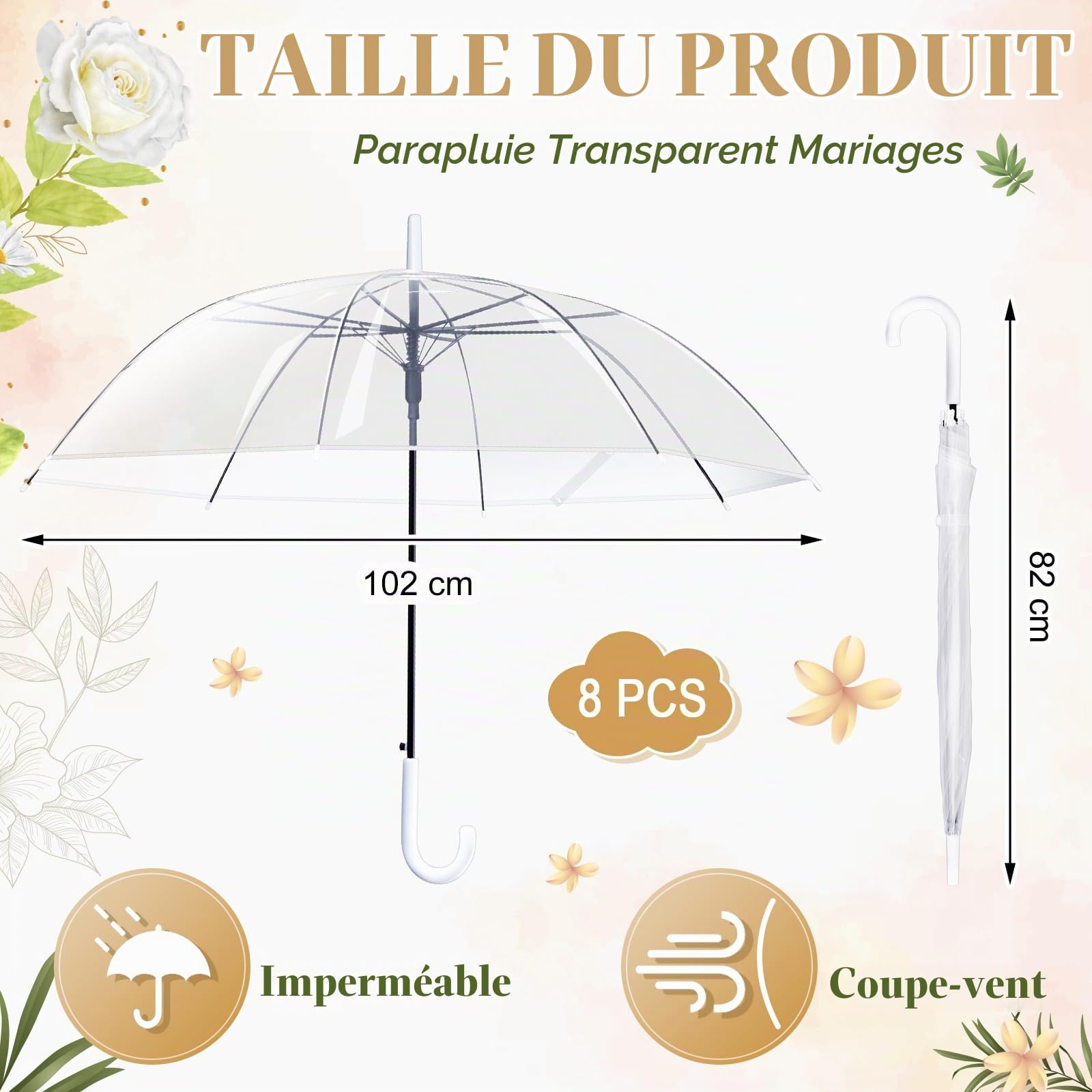 Hestya 8 Pièces Parapluie Transparent Ombrelle Transparent Mariage 102 cm Dôme Semi-Automatique Parapluie Blanc Mariée Accessoires de Mariage Unisexe pour Mariées Demoiselles d'Honneur Plage Fête