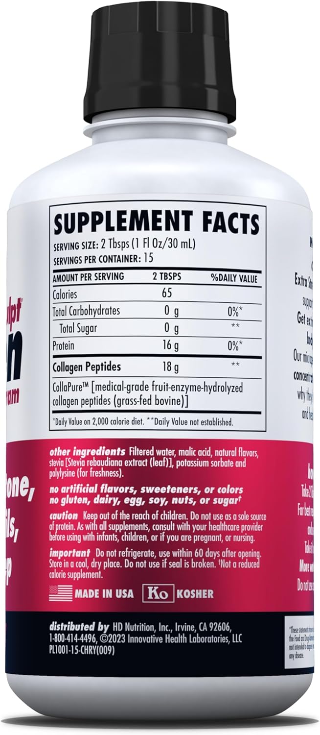 HEALTH DIRECT AminoSculpt Sugar-Free Collagen Supplement - High Potency Medical-Grade Protein for Hair, Skin, Nails & Joints, Grass-Fed, Non-GMO, Liquid Collagen - Tart Cherry - 15 Fl Oz