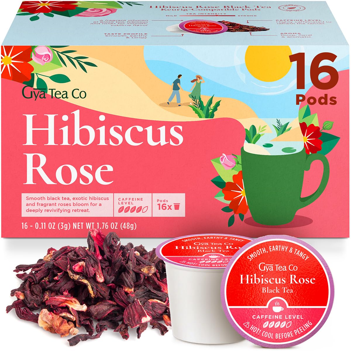 Gya Tea Co Hibiscus Rose Black Tea Pod (16 ct) – High Caffeine Tea with Chamomile & Smooth Tangy Rose for Kickstart the Day