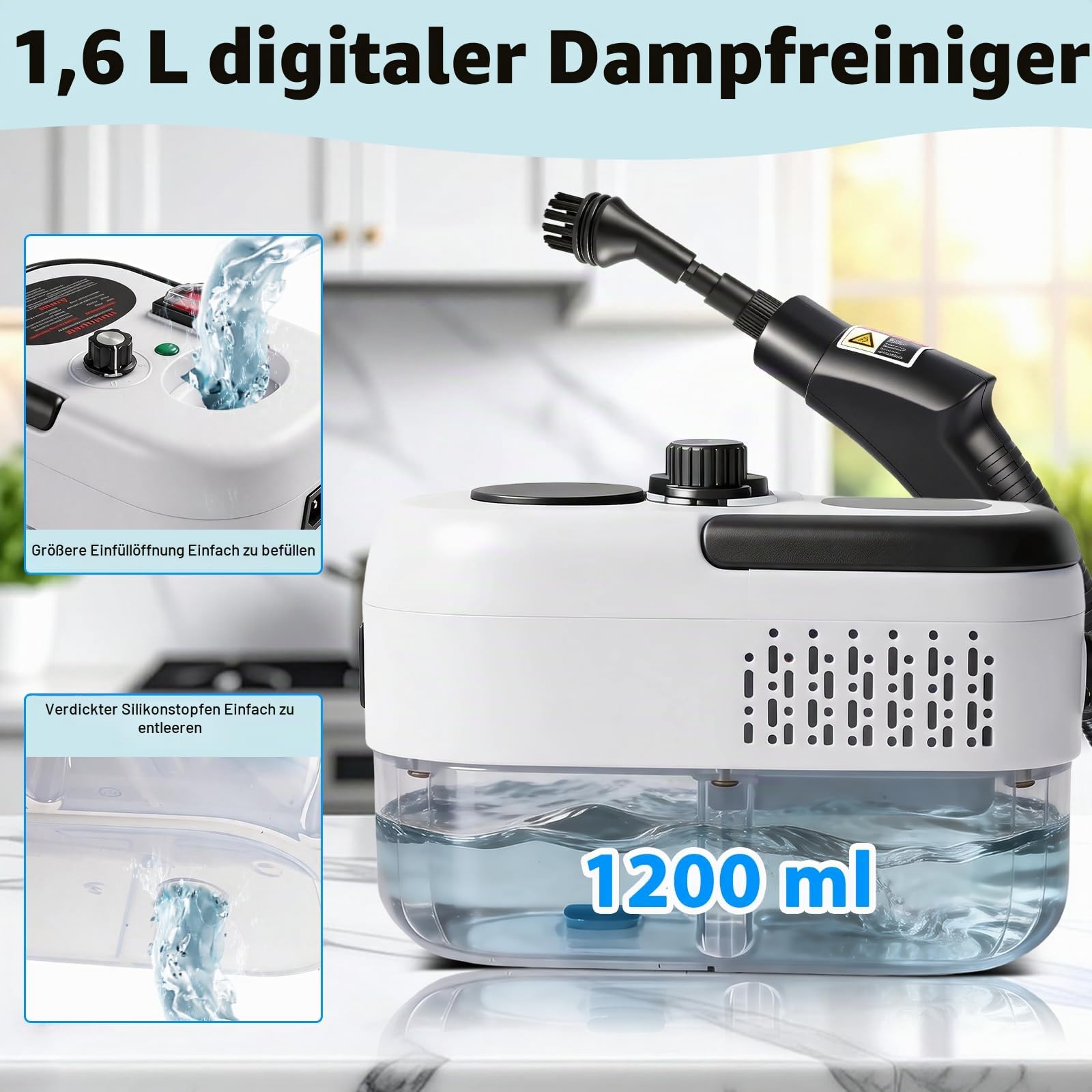 Neu 3-Stufig Einstellbarer Dampfreiniger Handgerät für Alles Haushalt Und Auto, 11s Aufheizzeit, 3bar Steam Cleaner, 1,2l Tank Handdampfreiniger für Autos, Haushalt, Küche, Fenstern,Boden