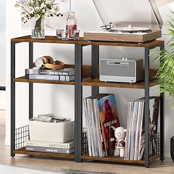 LELELINKY Large Brown Record Player Stand, 3 Tier Big End Table with Vinyl Storage Shelf Up to 130 Albums, Industrial Turntable Printer Stands Modern Side Tables for Living Room, Bedroom, Office
