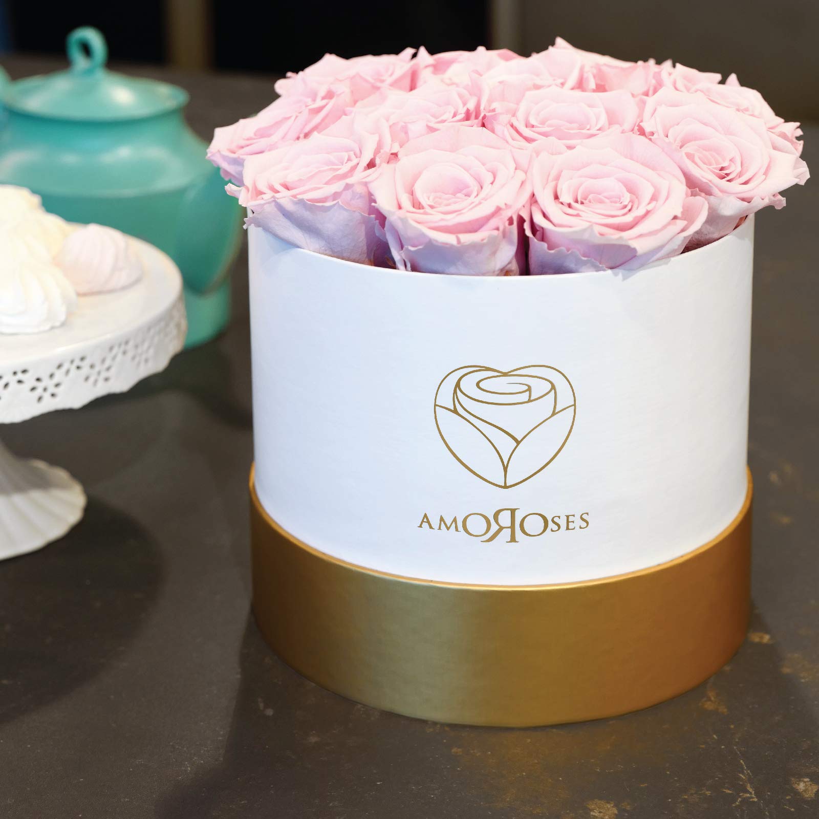 Amoroses 12 Rosas Reales Estabilizadas Duran Años - Idea de regalo de flores preservadas, rosas eternas para ocasiones especiales (Caja Blanca con Rosas Rosas)